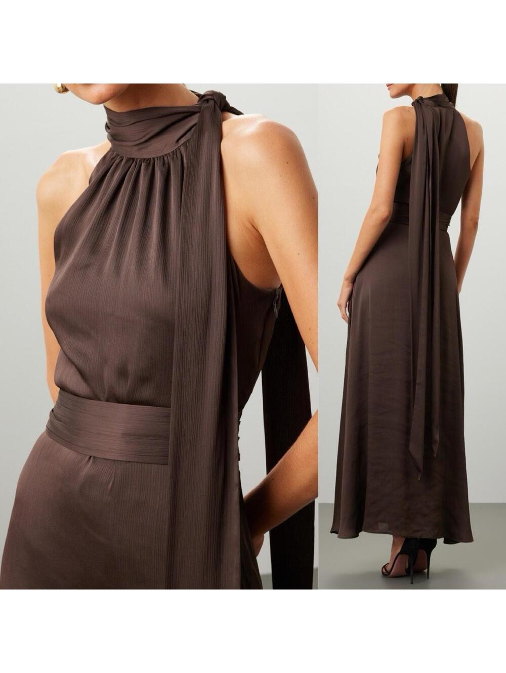 (FLAW) Sachin & Babi Kayla Satin Halter Gown Maxi Dress w/ Long Ties - Size 14